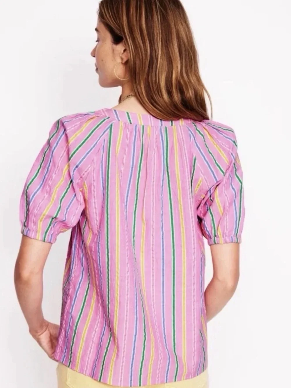 Boden Brooke cotton Top Pink Striped Puff Sleeve Blouse US 6 NEW